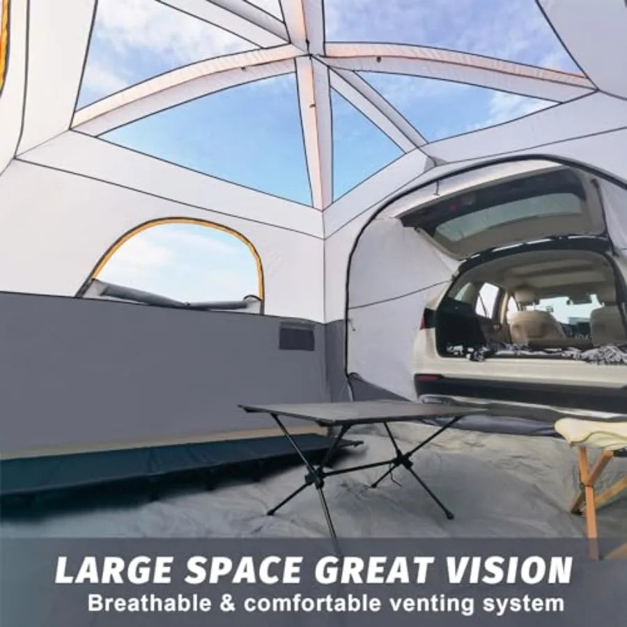 Camping SUV tent for tailgate use, polyester fabric, gray color, quick-setup with rainfly and 10'x9'x78in H spacious interior