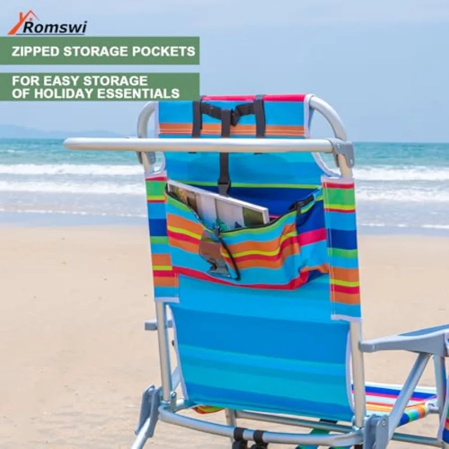 2Pk Aluminum Extra Wide 5-Position Lay Flat Folding Backpack Beach Chairs for Adults, with Cooler Bag, CupPhone Holder, Towel B