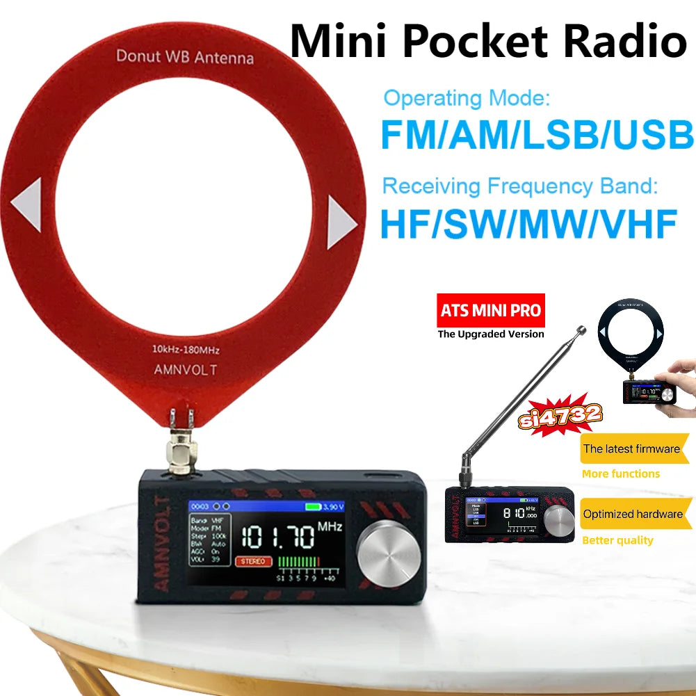 New Upgrade SI4732 0.5-108mhz Mini Pocket Radio 1.9inch IPS Screen HF SW MW VHF Radio with 2PCS Antenna All Band Radio Receiver