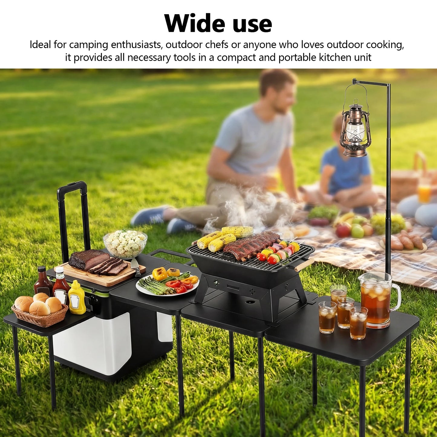 Portable Folding Kitchen Table with Wheels Camping Kitchen Table Cookware Table with Light Poles for RV Tailgating BBQ Picnic