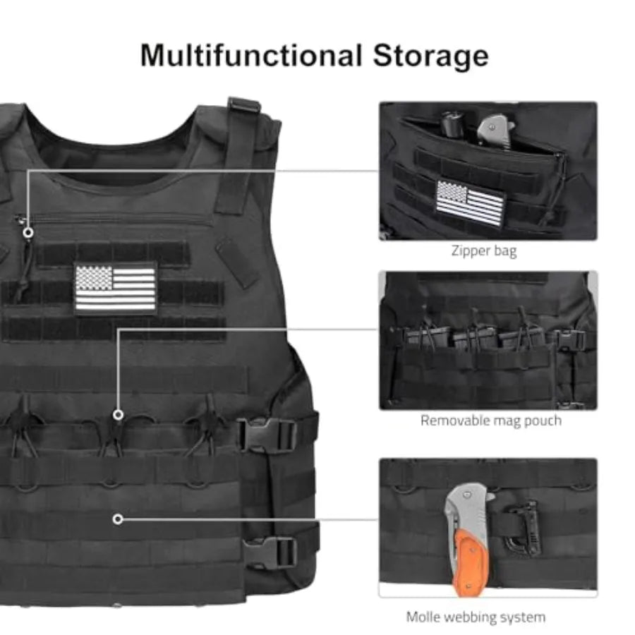 Outdoor Vest with Zipper Bag Adjustable Quick Release Molle Vest with Three Removable Mag Pouches Outdoor Vest Black