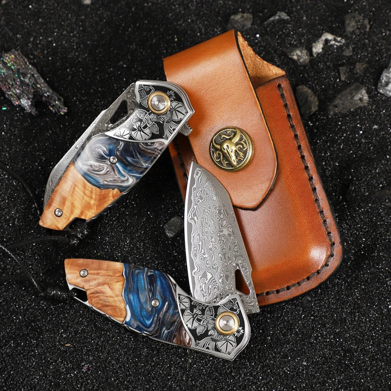 High-Quality Men's and Women's Folding Pocket Knife, Damascus Steel Pocket Knife, Wooden Handle, Camping Survival Adventure EDC