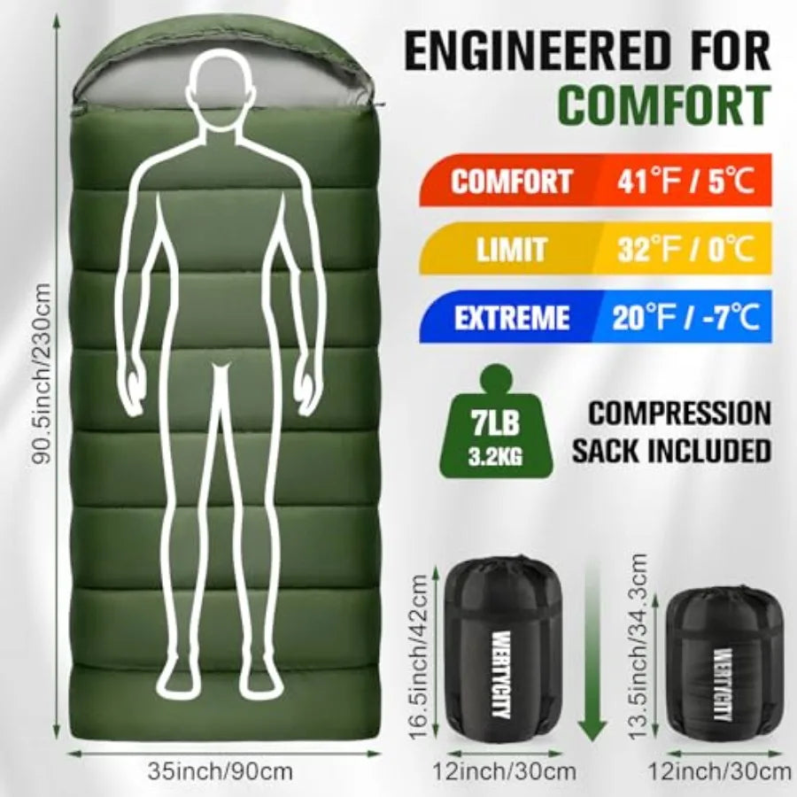 0 Degree Sleeping Bag for Adults, XXL Big and Tall 4 Season Cold Weather Winter Camping with Compression Sack