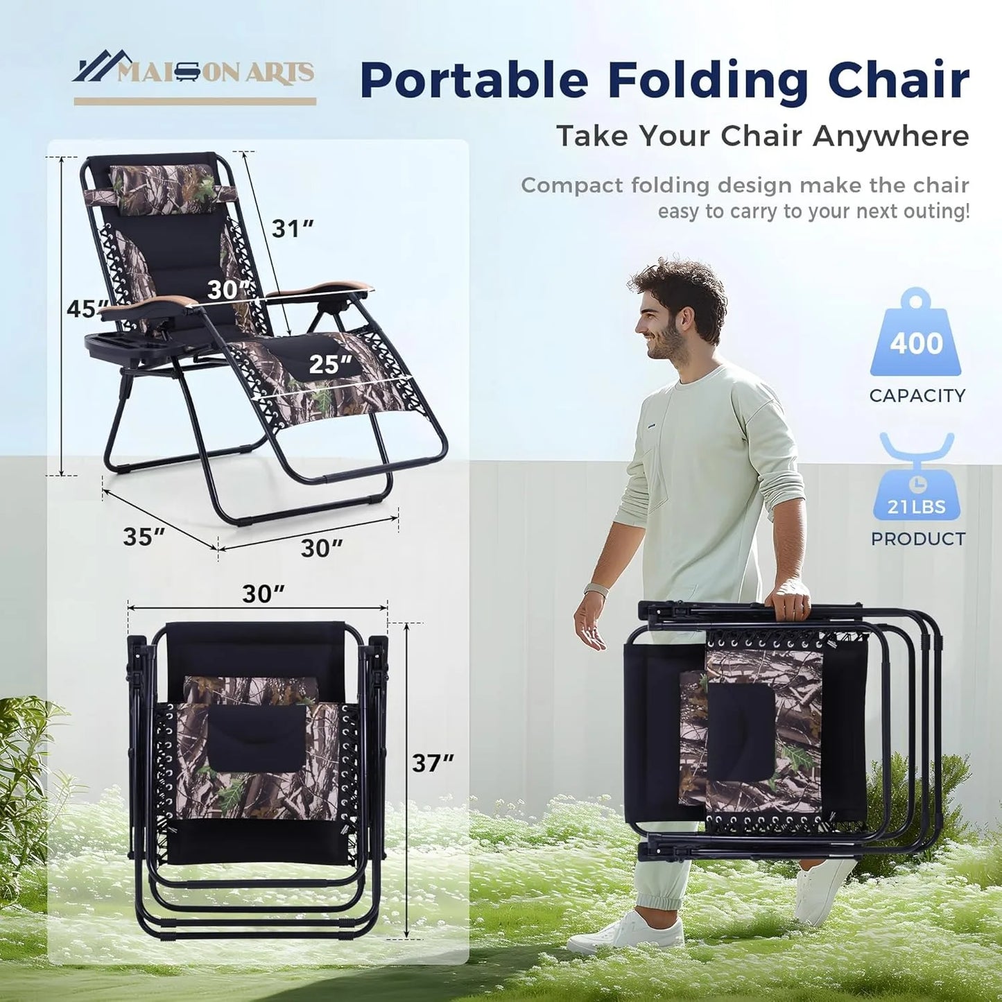 Extra Wide Zero Gravity Reclining Chairs Set of 2 Foldable Outdoor Lounge 400 lb Capacity Poolside Yard Camo