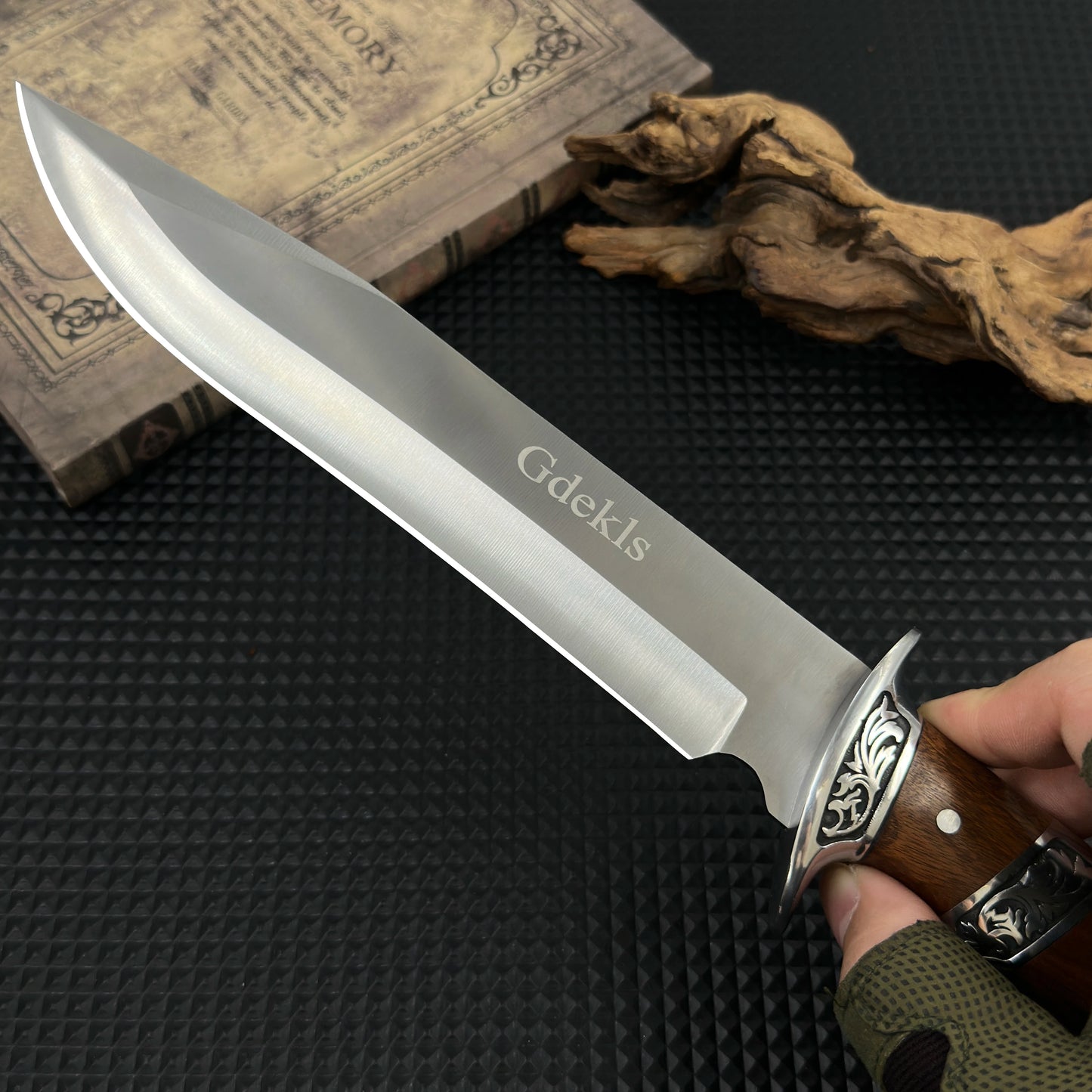 Wood handle with fixed blade, tool steel blade, including sheath, camping knife, outdoor survival tool, safety guard hand