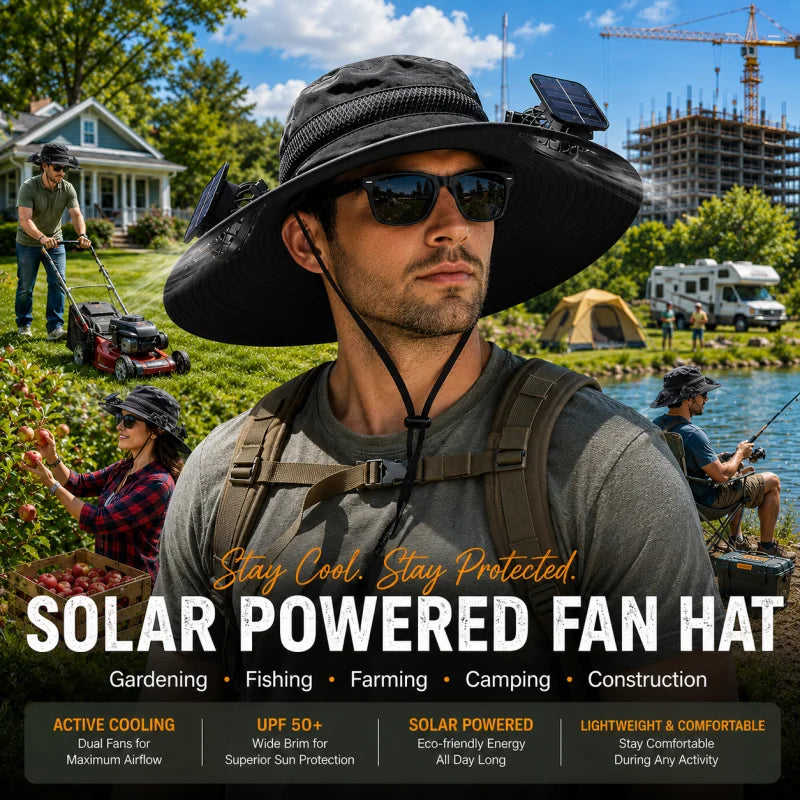 Solar-Powered Dual-Fan Cooling Sun Hat—Unisex Outdoor Wide-Brimmed Fisherman's Hat with UV Protection. Breathable Mesh Fabric Prevents Sweat Buildup. Ideal for Hiking, Fishing, Camping, and Cycling. Cool Hat for Summer Outd
