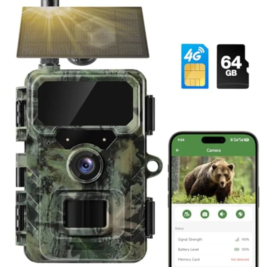 Cellular Trail Camera Solar, 4G LTE Game Cameras 64MP 2K HD Live Streaming, Night Vision Outdoor Camera, Rechargeable Wildlife