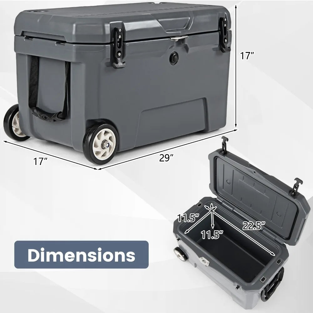 52 Quart Portable Hard Cooler 6-Day Ice Retention Wheels Gray Chest Outdoor Box