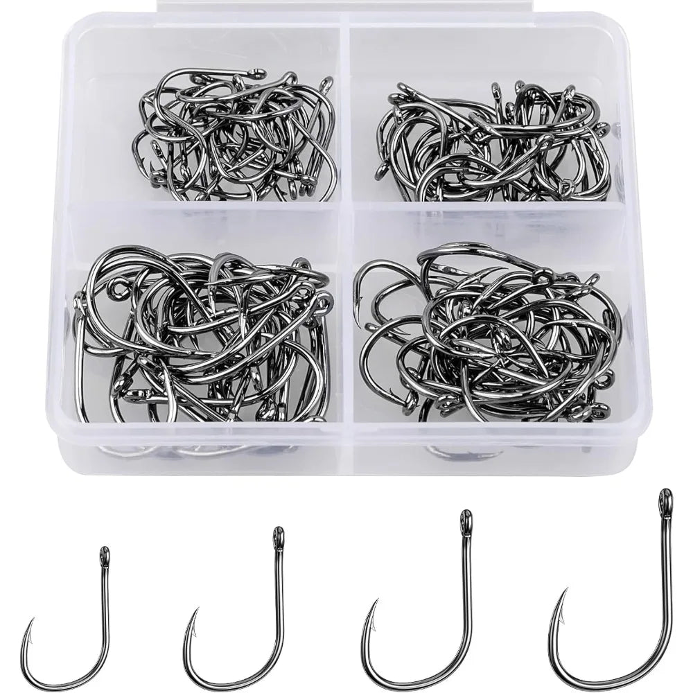 Premium Fishing Hooks Assortment 500PCS and 100PCS Options Available in 10 Different Sizes or 4 Essential Sizes Made of High Carbon Steel for Maximum Strength and Sharpness Barbed Design Ensures Secure Catch Suitable for