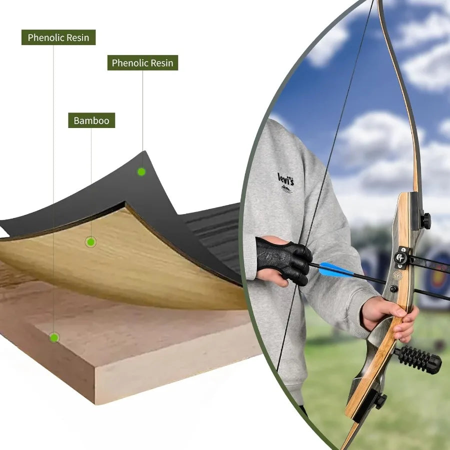 Archery Wooden Bow and Arrow Set for Adults Fast Installation 62'' Hunting Bow Arrow Archery Set with 3050 Lbs Right Handed