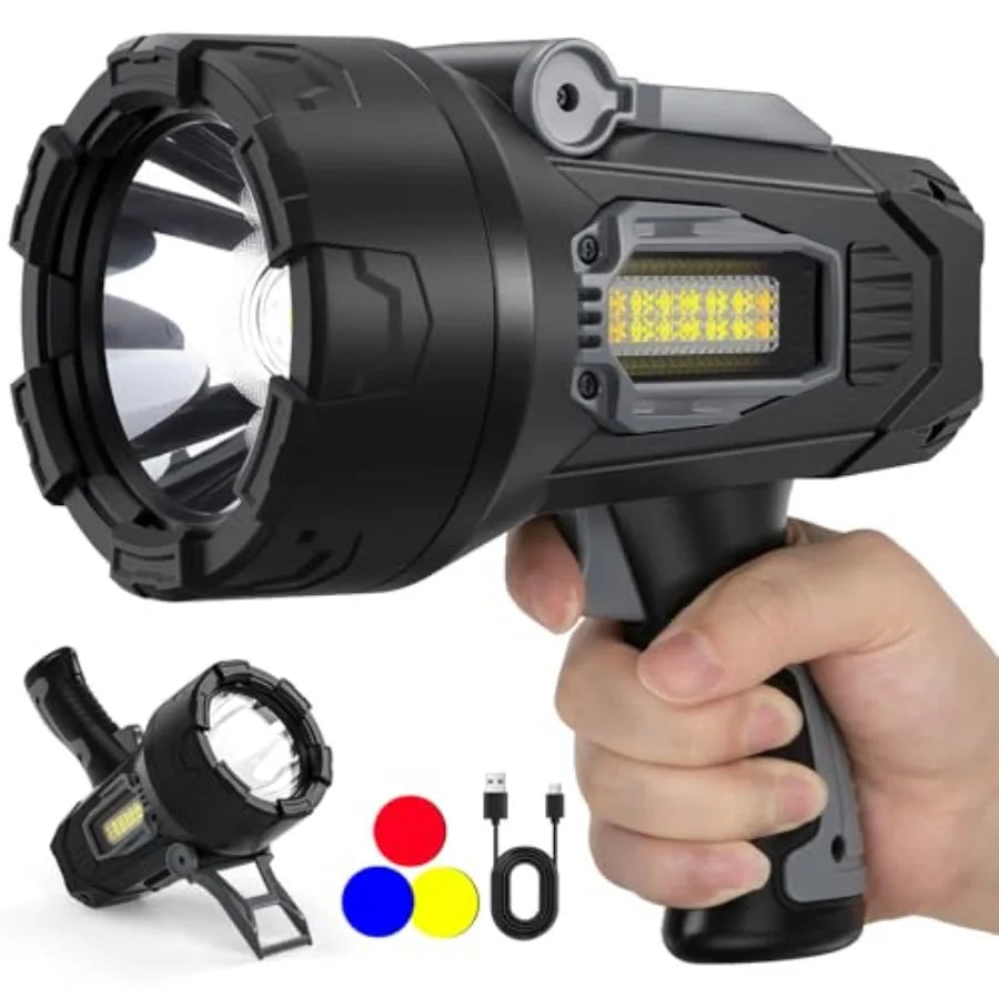Rechargeable Spotlight 2000000 Lumens Super Bright Spot Light LED Handheld Spotlights Flashlight with 3 Color Lenses and Foldab