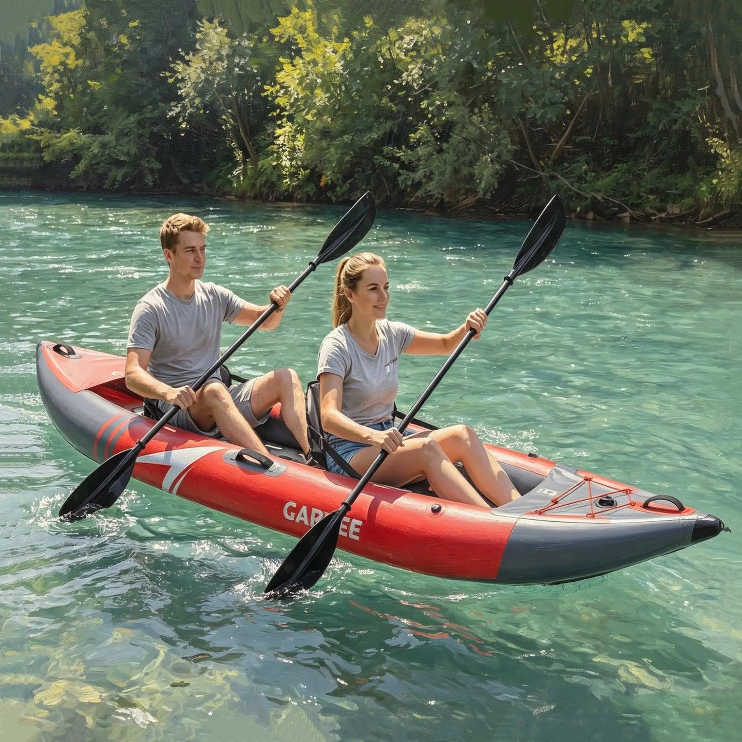 12.5FT 2 Person Drop Stitch Inflatable Kayak, 450 LBS Load Portable Inflatable Touring & Fishing Kayak for Adults, Complete Kit with 2 Padded Seats, 3 Tracking Fins, Carry Bag & Repair Patch Kit