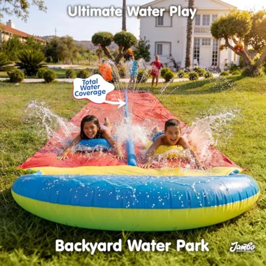 Backyard outdoor water fun: heavy duty inflatable water slide 31.5 ft extra long with 2 bodyboards, blue color, slip-resistant