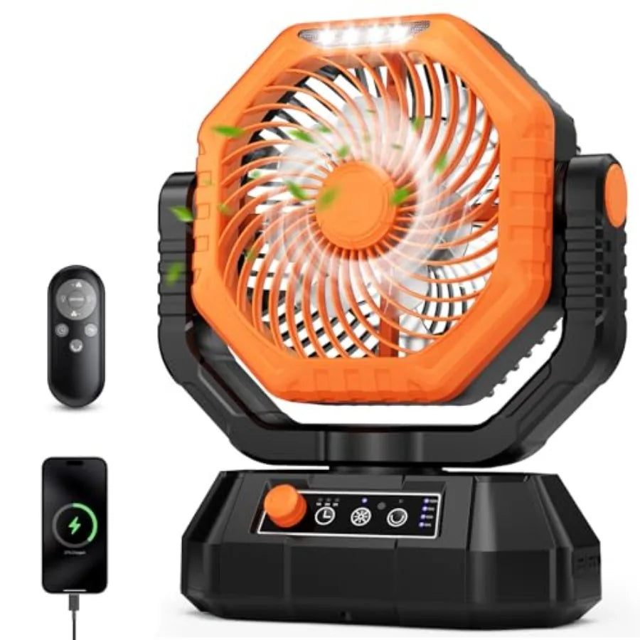 Camping Fan with Light, Remote and Oscillation, Battery Powered Hanging Tent Fan, Rechargeable Portable for Camp, Outdoor, Emer
