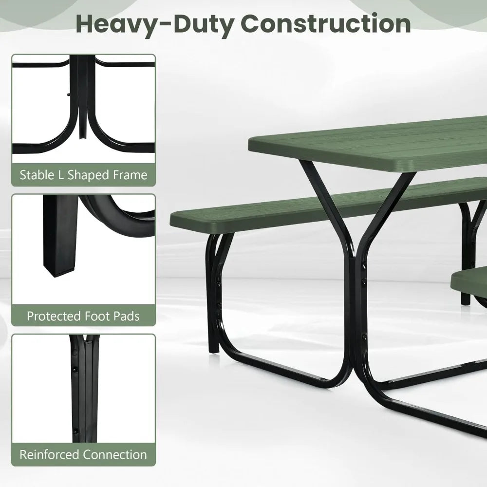 Portable Picnic Table Bench Set for 4, Heavy-Duty Steel Frame & Resin Top, All-Weather Outdoor Camping BBQ Garden Green