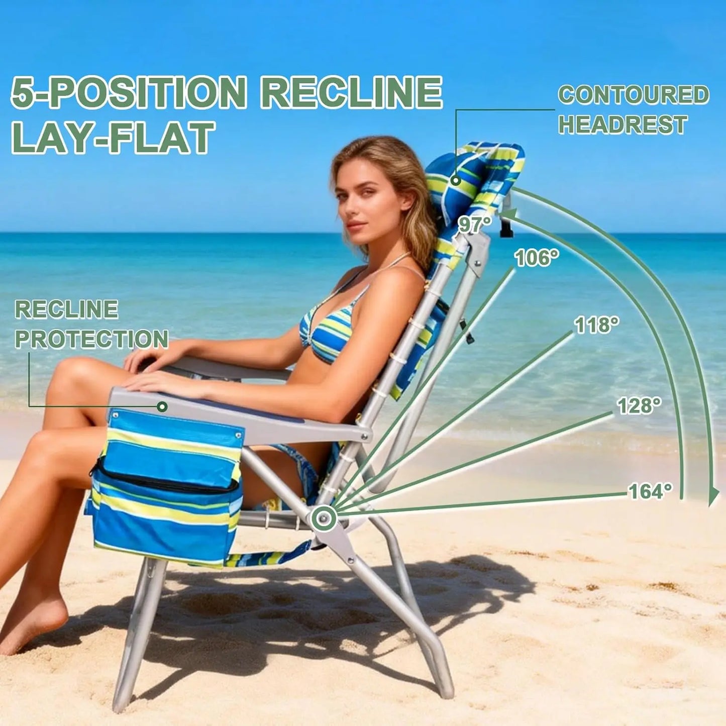 Extra Wide Tall Beach Chair 17" Seat Backpack Cooler Cup Holder 5-Position Recline Towel Bar Pocket Striped, Custom