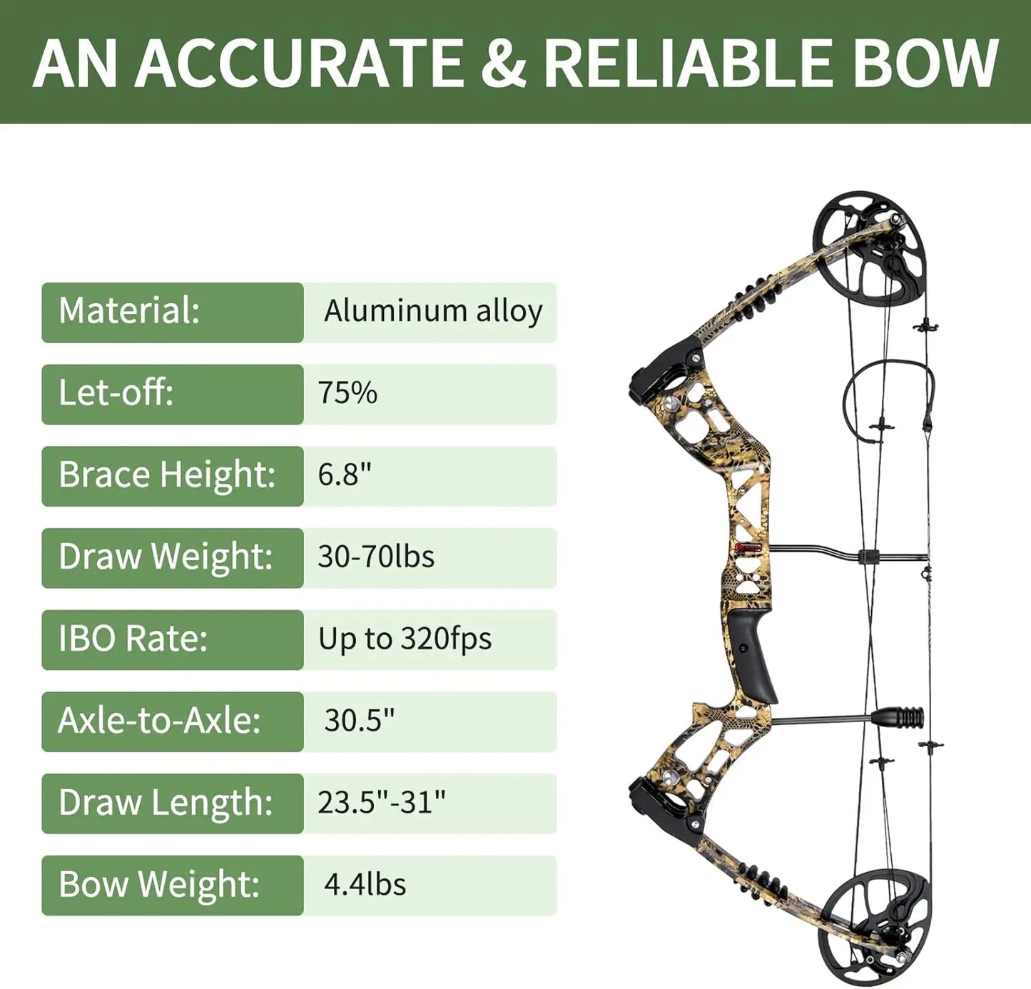Compound Bow and Arrow for Adult and Beginner, Hunting Bow Archery Set, Right Hand, 30-70 Lbs Draw Weight, 23.5\\u201d-31\\u201d