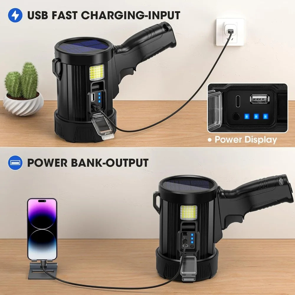2000000 Lumens Rechargeable Spotlight, Super Bright Handheld LED Flashlight with COB Light & Solar Panel for Boating Camping