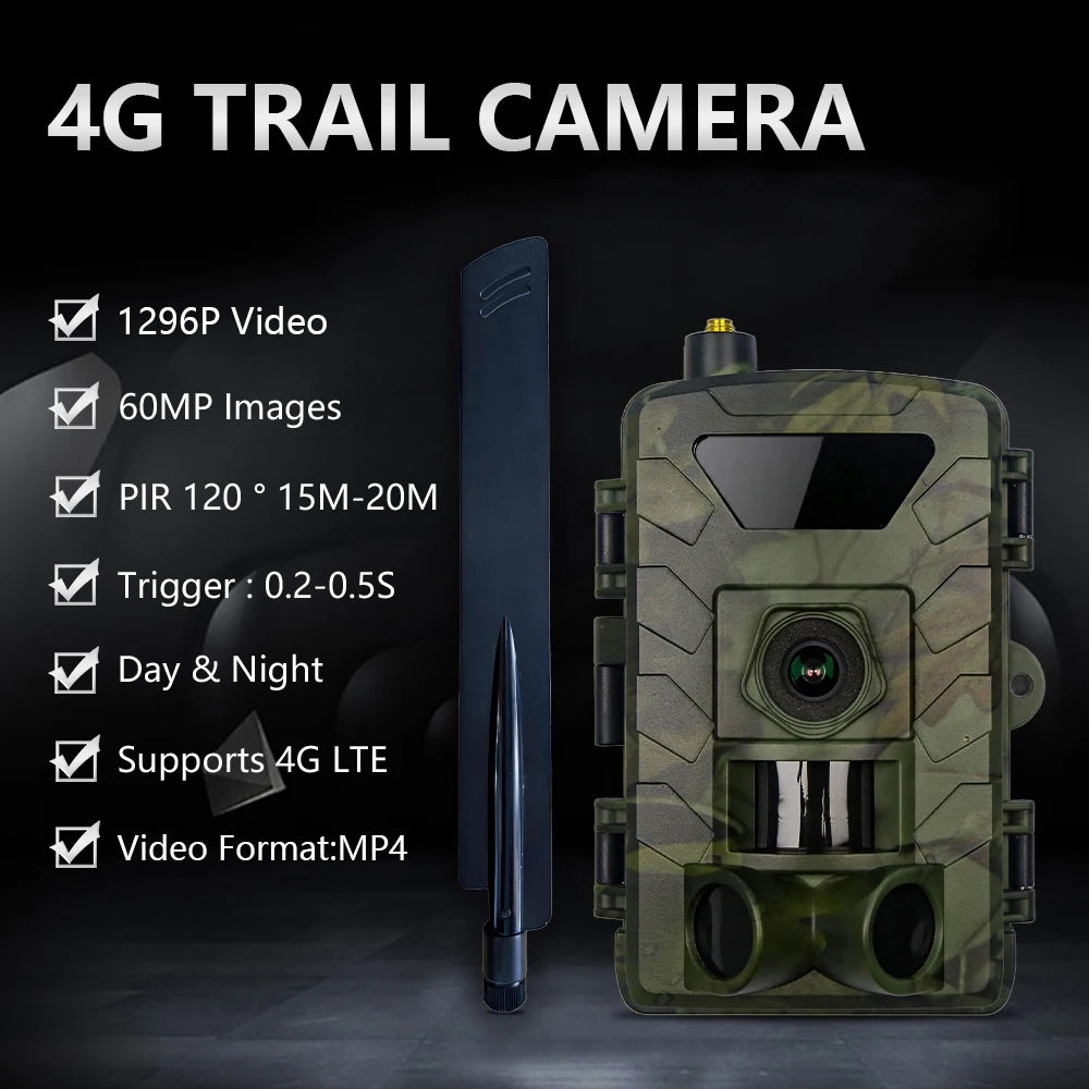 4G APP-Controlled 60MP 1296P Hunting Tracking Camera Wireless Wildlife Camera with 0.2S Night Vision Trigger Trail | Deer Camera Ideal Gift Americas version Bulit-in SIM Card Free 32G Card