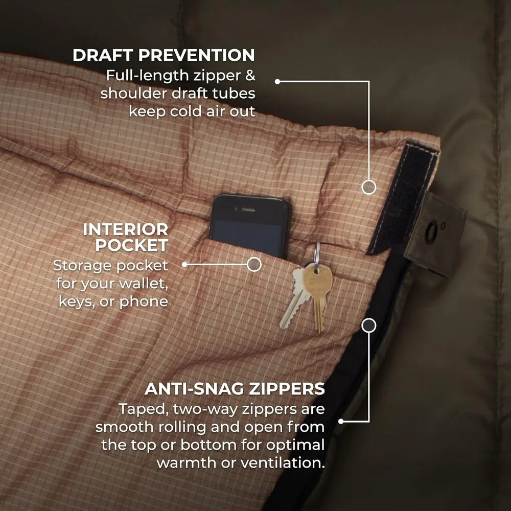 All Weather Sleeping Bag for Adults & Kids, Warm Camping Season, Compression Sack Included