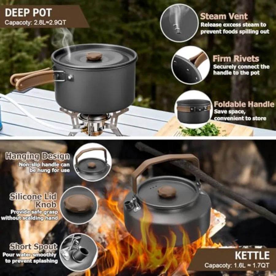 Camping cookware mess kit for outdoor backpacking and open fire cooking: aluminum nonstick 7.8-inch pot, pan, kettle, grill gra