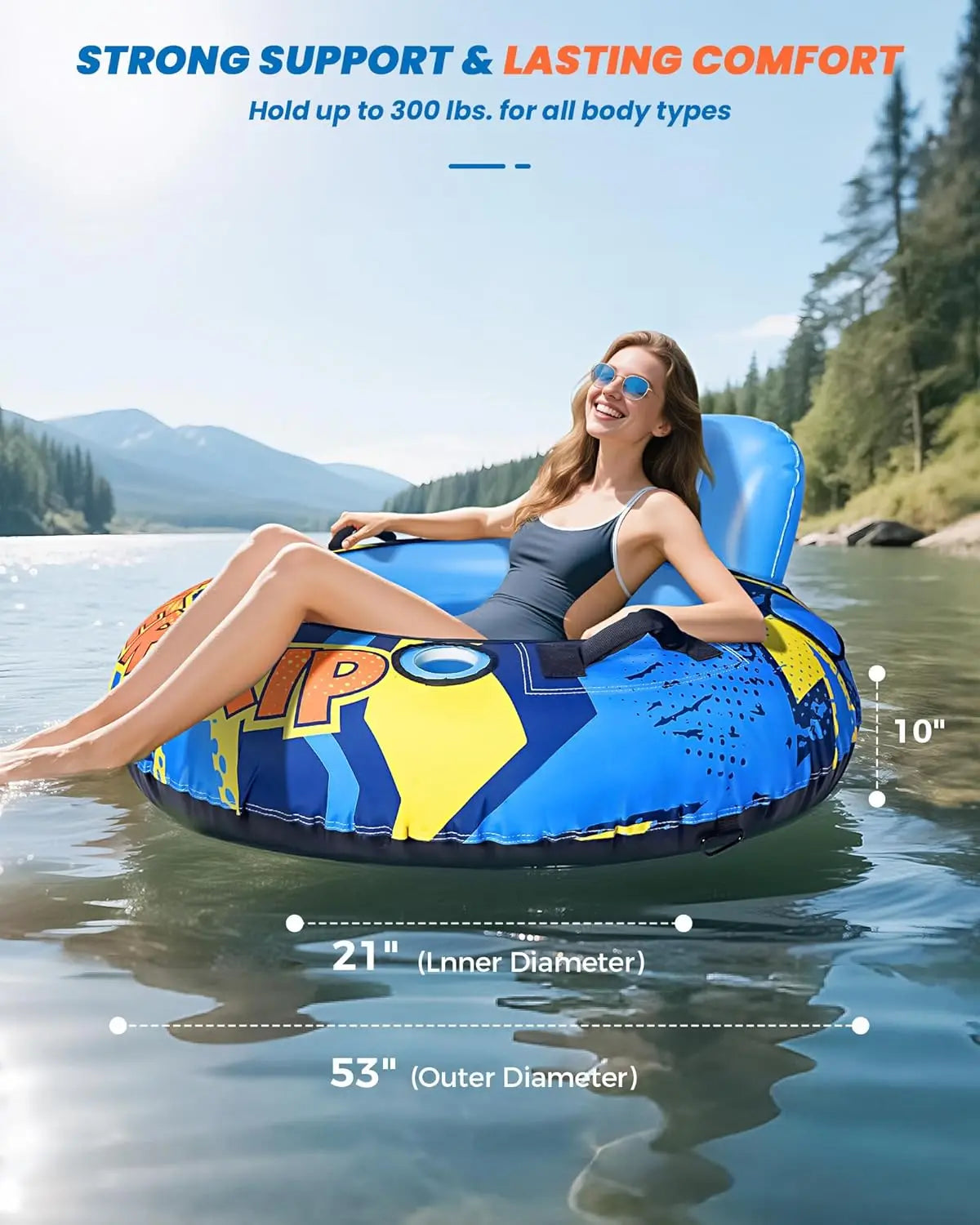 53" Heavy Duty Inflatable River Tube with Canvas Cover, Water Floats for Pool Lake, Rafts with Cup Holders and Grip Handles