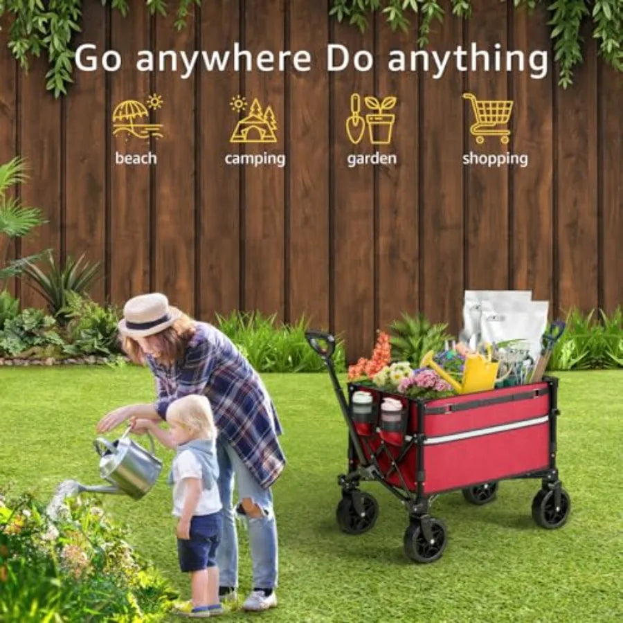 Collapsible Wagon Cart for Grocery Shopping, Garden, Camping Sports Heavy Duty Steel Frame, Black, Foldable with Locking Wheels