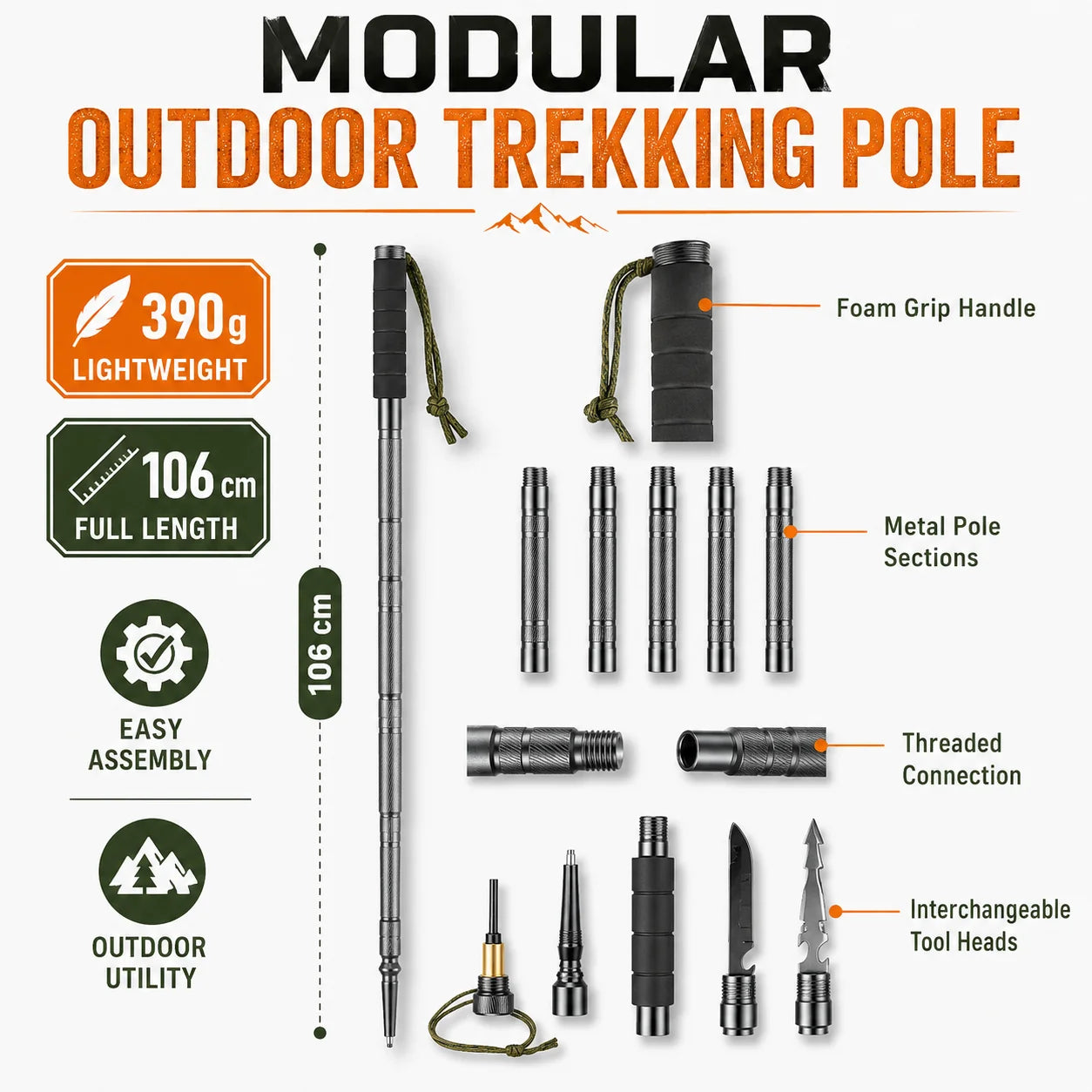 Adjustable 106CM Outdoor Walking Stick, Telescopic Lightweight Hiking Trekking Pole, Non Slip Comfort Grip Travel Camping Equipment, Durable Portable Climbing Support Tool for Outdoor Adventures & Daily Walks