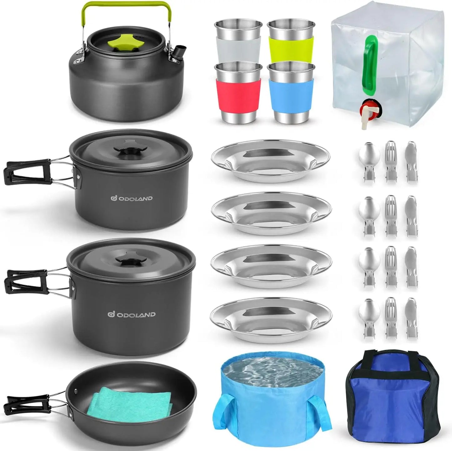 29pcs Camping Cookware Mess Kit, Non-Stick Lightweight Pots Pan Kettle, Collapsible Water Container and Bucket, Stainless Steel