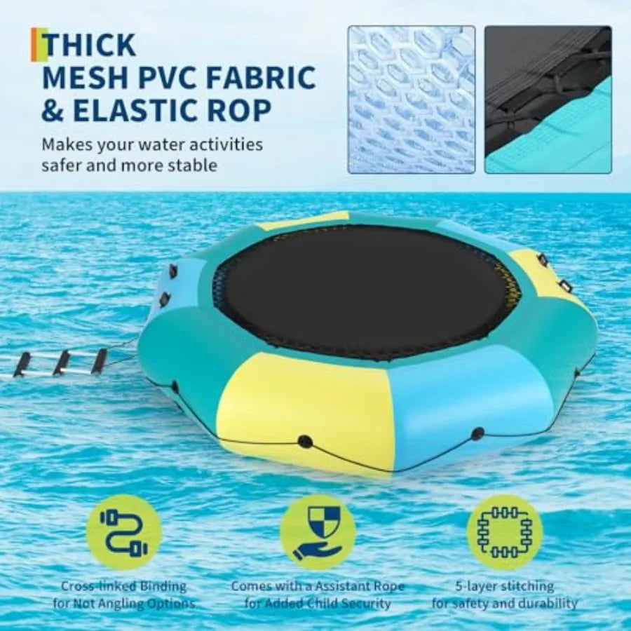 Inflatable Water Trampoline For Lakes And Pools, PVC Material, Blue And Yellow, Heavy-Duty Bounce Platform With Electric Inflat