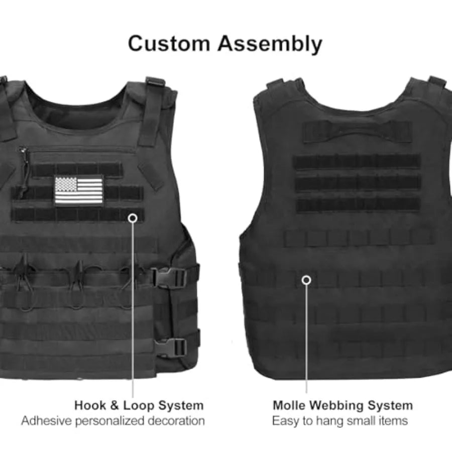 Outdoor Vest with Zipper Bag Adjustable Quick Release Molle Vest with Three Removable Mag Pouches Outdoor Vest Black