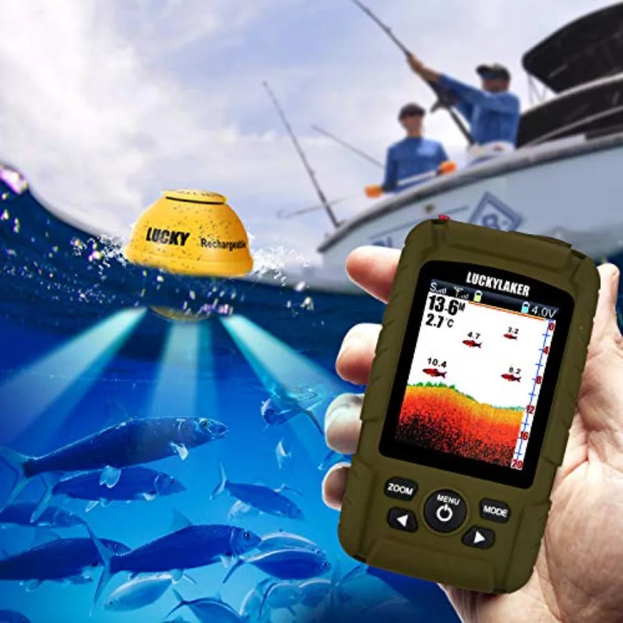 Ice fishing, sea fishing, kayak: wireless handheld fish finder with wired transducer, waterproof portable sonar depth sensor in