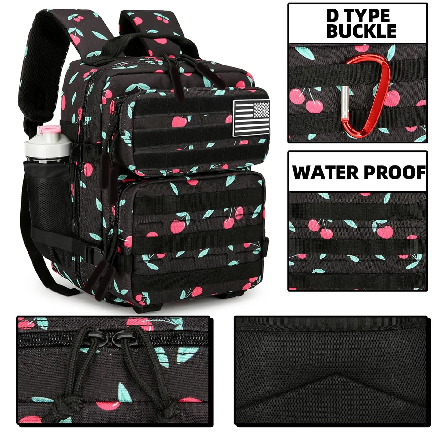 9L Cherry Print Tactical Backpack For Adults Hiking Fitness Small Utility Bag