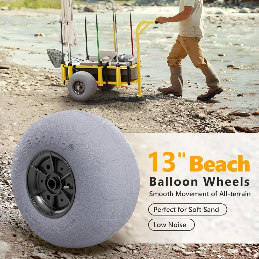 Foldable Beach Fishing Cart with Big Balloon Wheels Sand Wagon 300 lbs Load 8 Rod Holders Mesh Bag Pump
