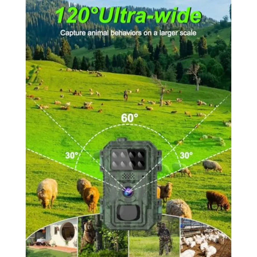 Wildlife monitoring trail camera for hunting: 4G cellular, 4K 48MP wide-angle 120 lens, black, solar-powered with IP68 waterpro