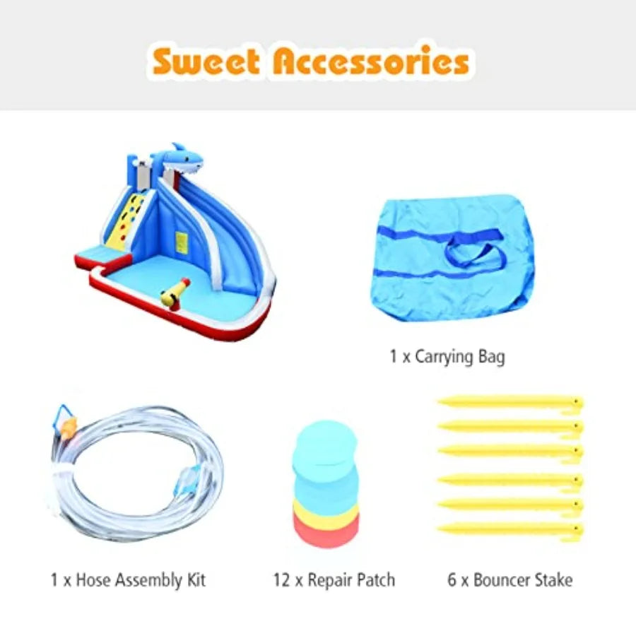 Inflatable Water Slide Shark Bounce House with Long Slide Climbing Wall Water Cannon Splash Pool for Outdoor Backyard Inflatabl
