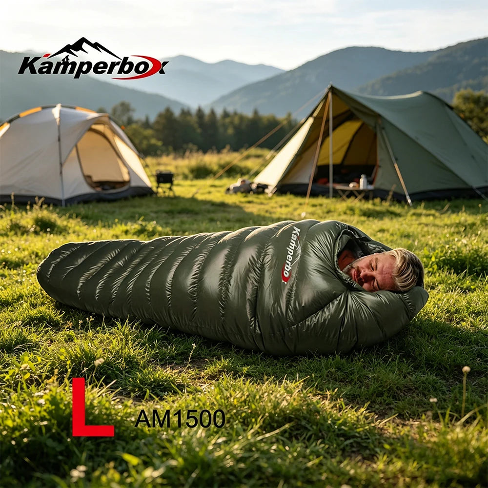 Kamperbox AM1500 Outdoor Camping Down Sleeping Bag 20D Nylon Shell Polyester Pongee Lining Lightweight Warm Mummy Sleeping Bag for Winter Camping