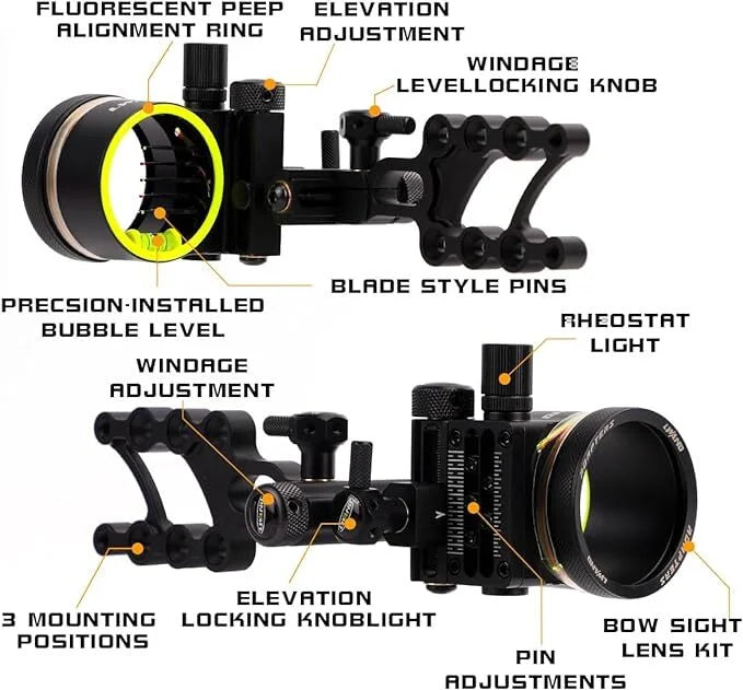 Compound Bow Sight 5Pin 0.019" Fiber Optic Adjustable Alloy Right Hand for Hunting Target Shooting Outdoor Accessories