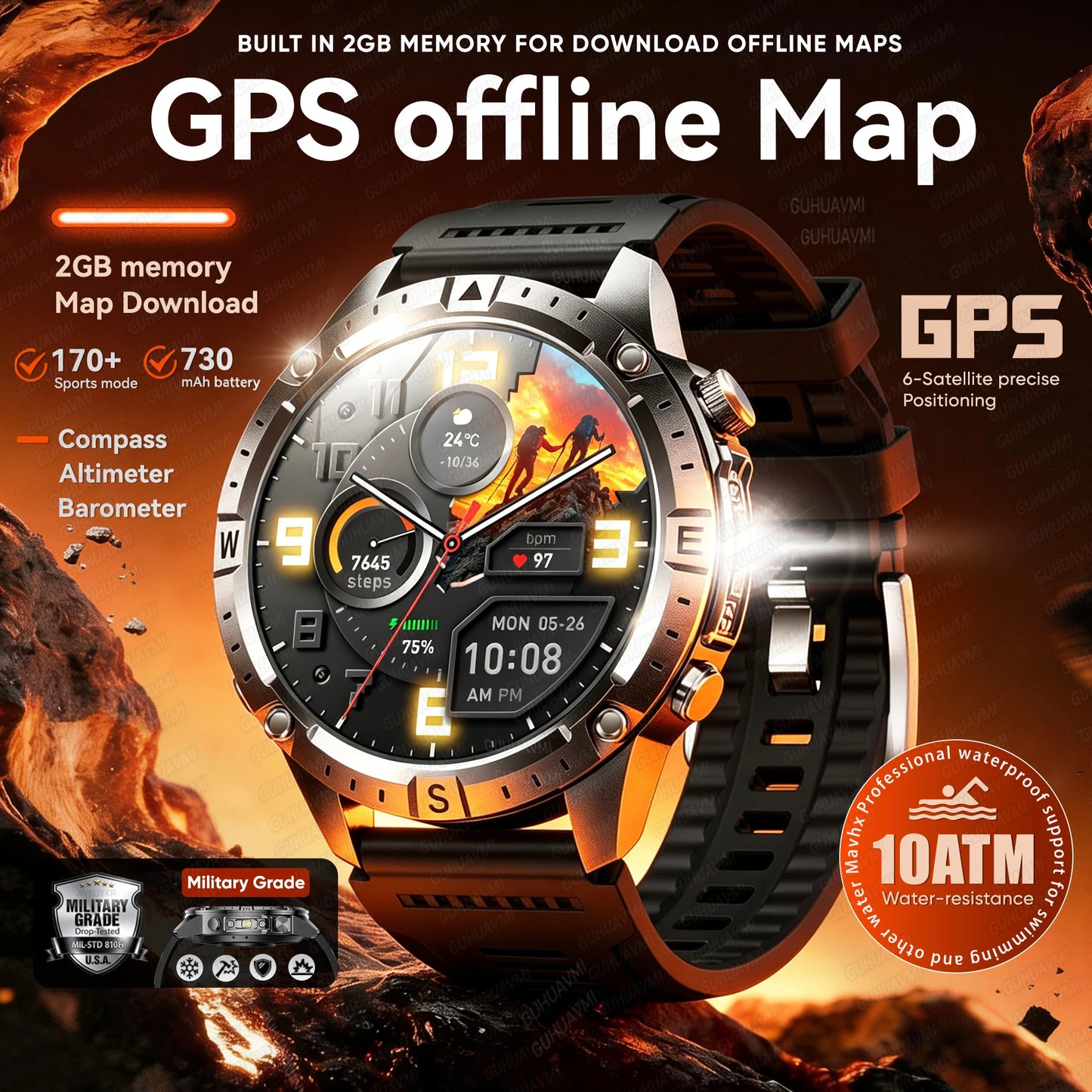 2026 NEW Outdoors Offline Map GPS Smart Watch L1+L2 Dual Band GPS Compass Cycling Run Swim Heart Rate 10ATM Military Smartwatchs