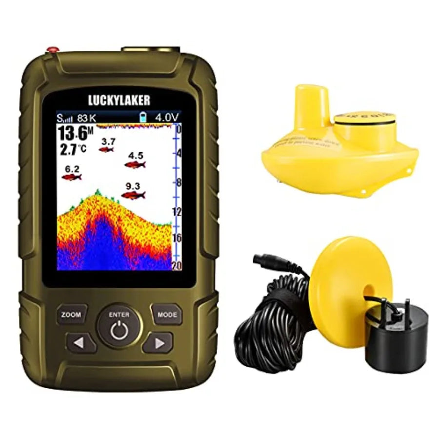Handheld fish finder for boats and shore fishing, LCD display, black housing with blue backlight, wireless waterproof transduce
