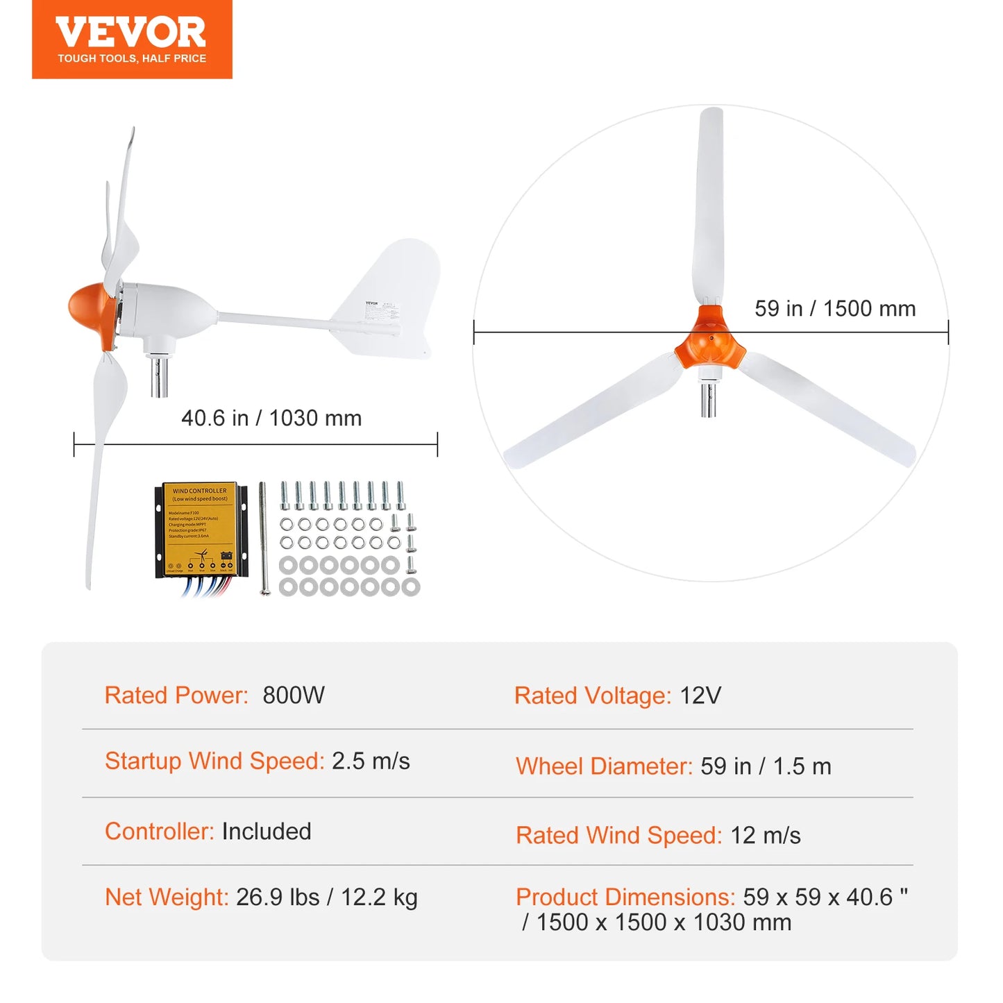 Wind Turbine Generator 12V 500W/800W Wind Turbine Wind Power Generator with MPPT Controller Suitable for Home Farm RVs