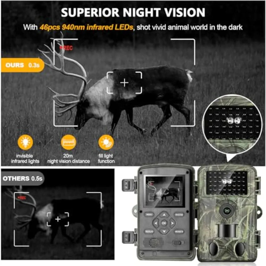 Wildlife monitoring trail camera with 4K/60MP resolution, IP66 waterproof housing, black matte finish, no-glow infrared LEDs an