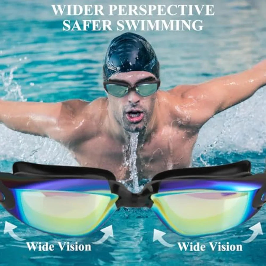 Swim Goggles, Swimming Goggles No Leaking Anti Fog UV Full Protection with Nose Clip Earplugs, Swim Pool Goggles for Adult Men