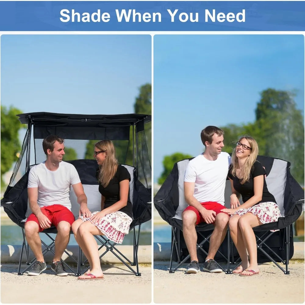 Double Beach Chair with Canopy Shade, Oversized Folding Loveseat with Cup Holder & Side Pocket for Camping, Beach, Lawn, Fishin