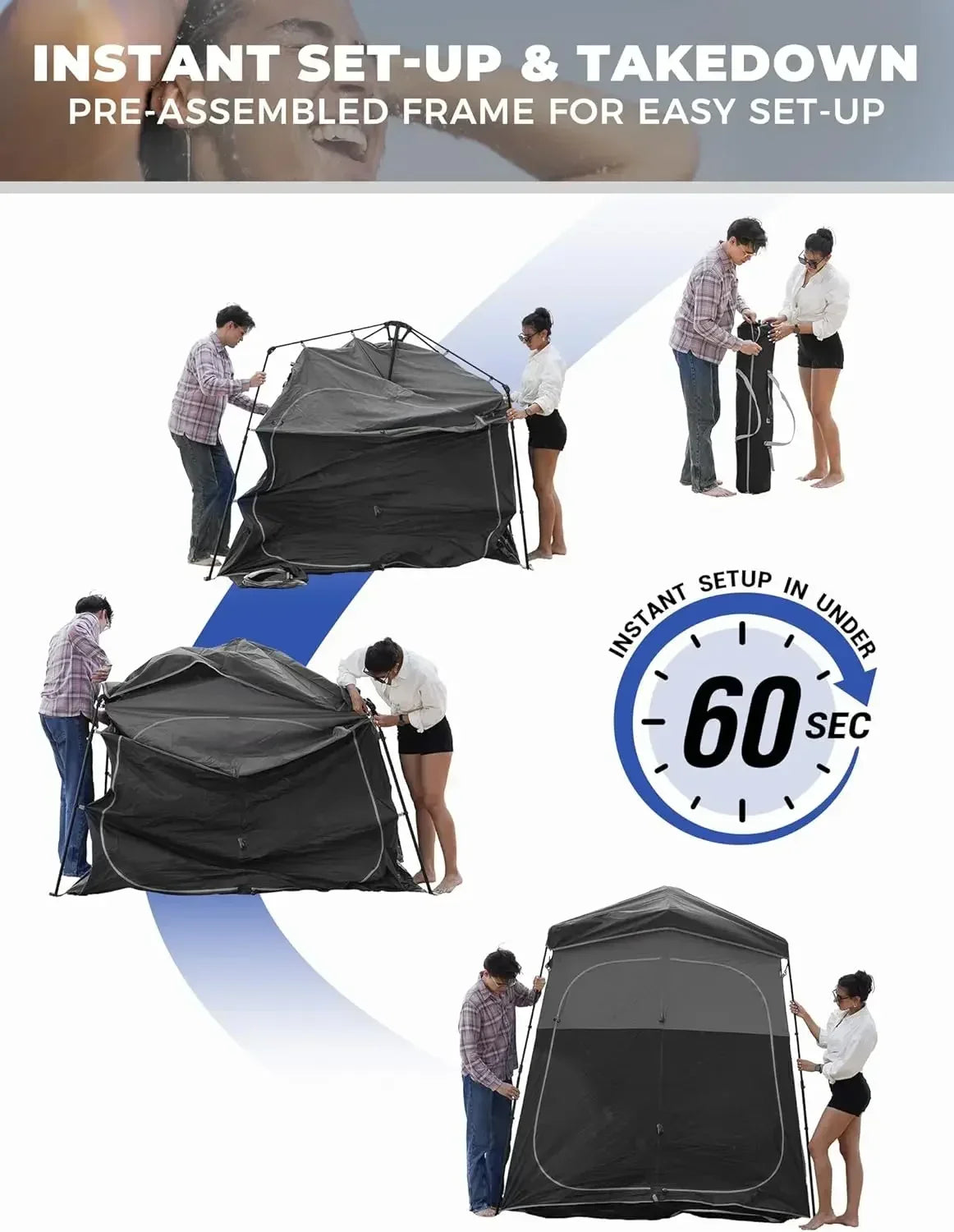 Instant Shower Tent, Portable Superior Stable Privacy Shelter, 2 Large Rooms Outdoor Toilet Tent with Floor for Beach, Camping &