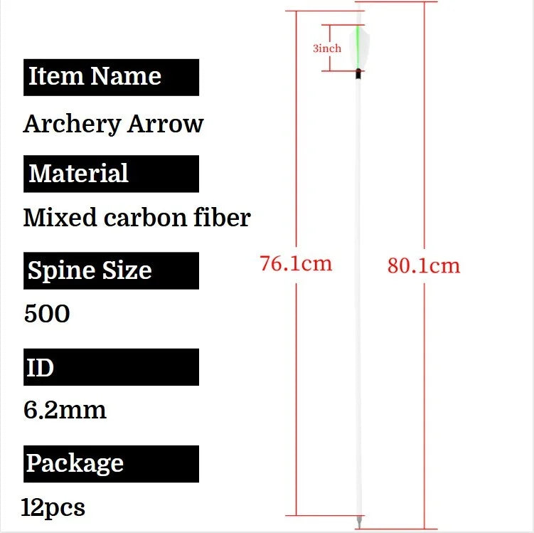 12pcs Mixed Carbon Arrows 3inch Turkey Feather SP500 for Archery Recurve Compound Bow Outdoor Hunting Shooting Target Sports