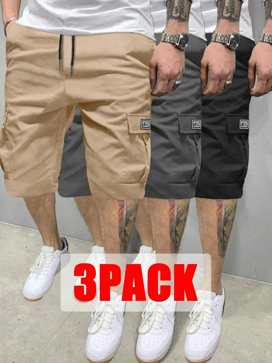 Mens 3-Pack Polyester Cargo Shorts With Drawstring Waist And Multiple Pockets For Outdoor Casual Summer Wear