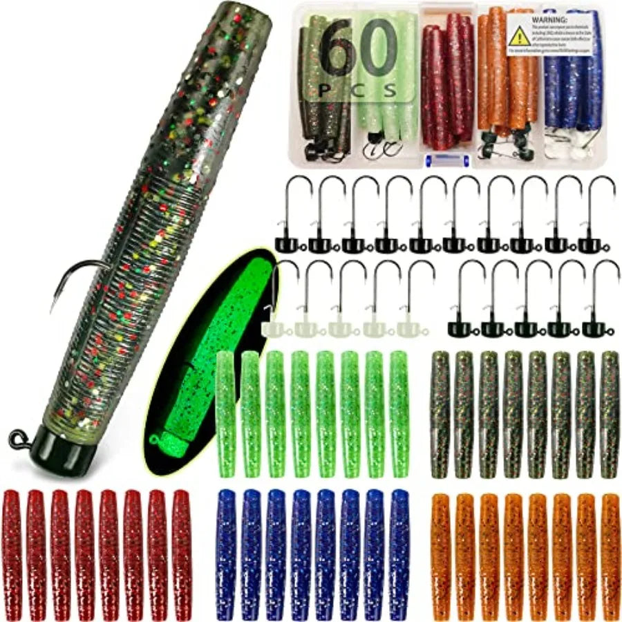 Ned Rig Jig Heads TRD Stick Worms Kit, 60, 35 Pack Ned Rig Lures Mushroom Jigs Finesse Soft Plastic Baits for Bass Fishing Fres