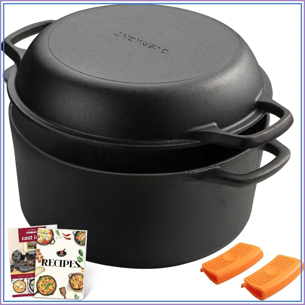 2-In-1 Pre-Seasoned Cast Iron Dutch Oven & Skillet Lid, Heavy Duty Pot with Handle Covers, for Sourdough Baking, Frying, Camping