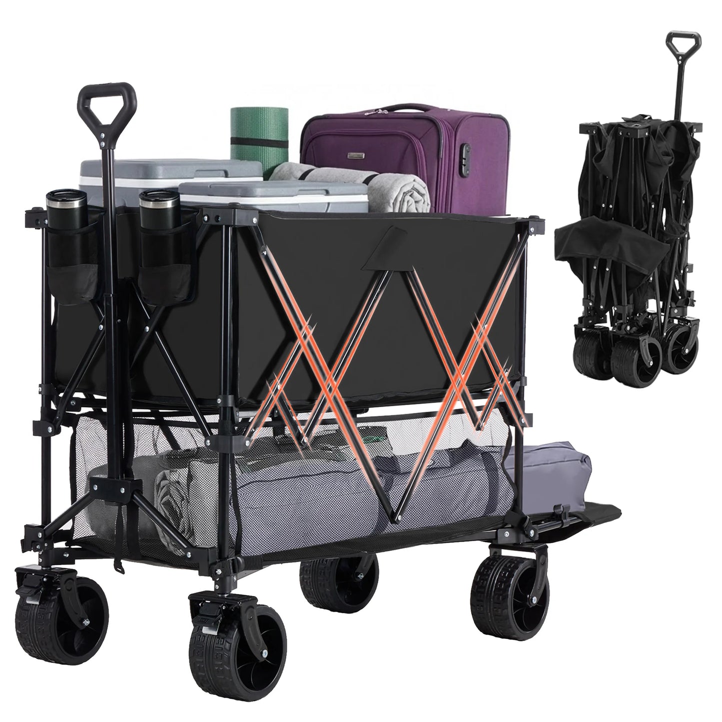 JHK Outdoor Double Decker Wagons Cart 440 lbs Large Capacity Collapsible Foldable Garden Beach Cart for Grocery Garden Camping